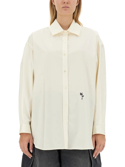 Shop Palm Angels Shirt With Embroidered Logo In Avorio
