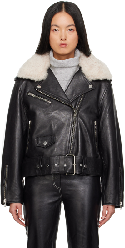 Shop Stand Studio Black Livia Biker Leather Jacket In 89100 Blck/off White