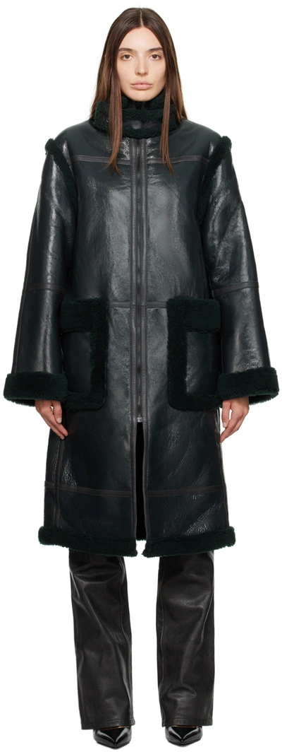 Shop Helmut Lang Khaki Zip Shearling Coat In Evergreen - F5p