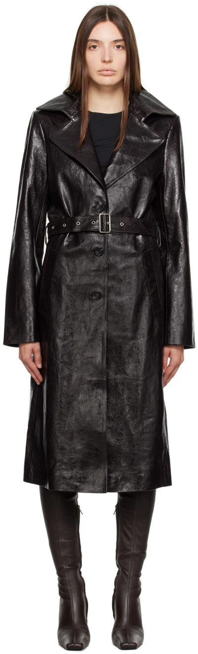 Shop Helmut Lang Brown Belted Leather Trench Coat In Wine - H15