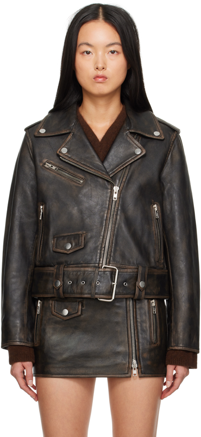 Shop Stand Studio Brown Icon Biker Leather Jacket In 89994 Worn Black