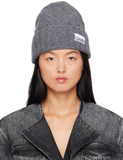 Shop Ganni Gray Logo Patch Beanie In 523 Frost Gray