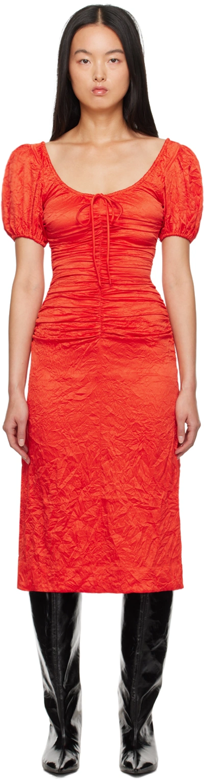 Ganni Short Sleeve Red Crinkled Satin Midi Dress In 785 Grenadine