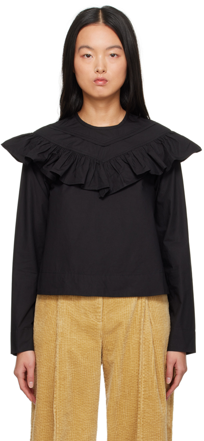 Ganni Long Sleeve Frill Cotton Blouse In 099 Black