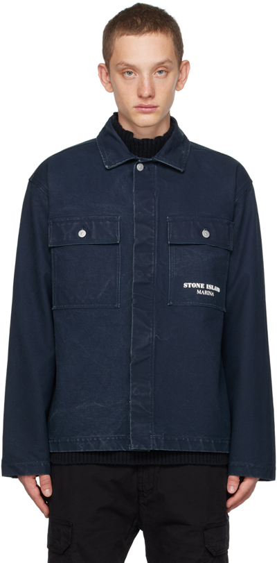 Shop Stone Island Navy Button Jacket In V0020 Navy Blue