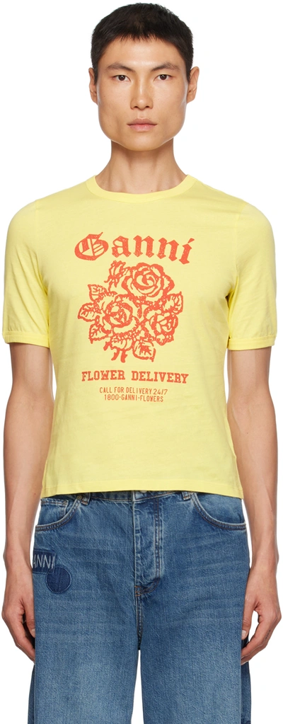 Shop Ganni Yellow Printed T-shirt In Yellow Cream