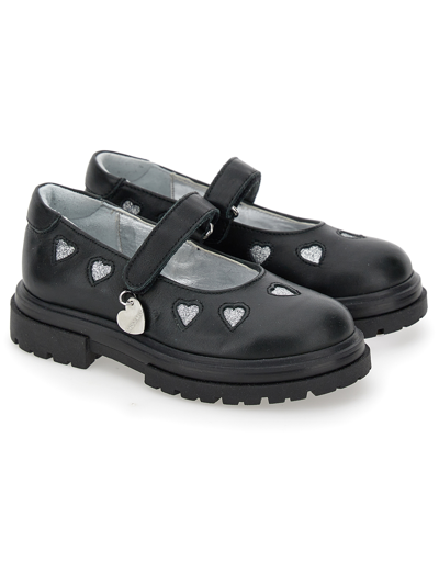 Monnalisa Leather Ballet Flats With Glitter Hearts In Black