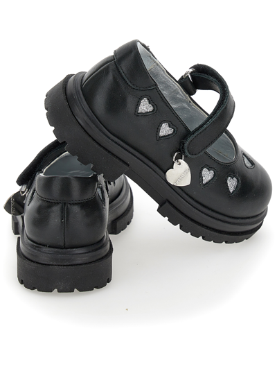 Monnalisa Leather Ballet Flats With Glitter Hearts In Black