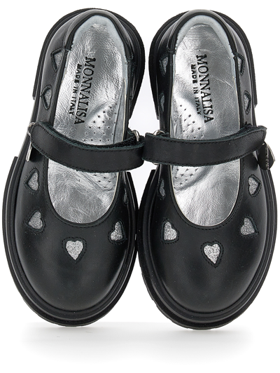 Monnalisa Leather Ballet Flats With Glitter Hearts In Black