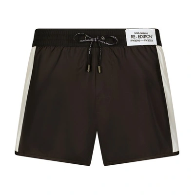 Shop Dolce & Gabbana Short Swim Trunks With Contrast Bands In Nero_marrone