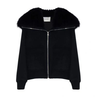 Shop Yves Salomon Cropped Cashmere Jacket With Fox Fur Collar In Bleu_fonce