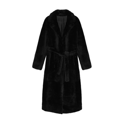 Shop Yves Salomon Reversible Long Belted Shearling Coat In Noir_bleute