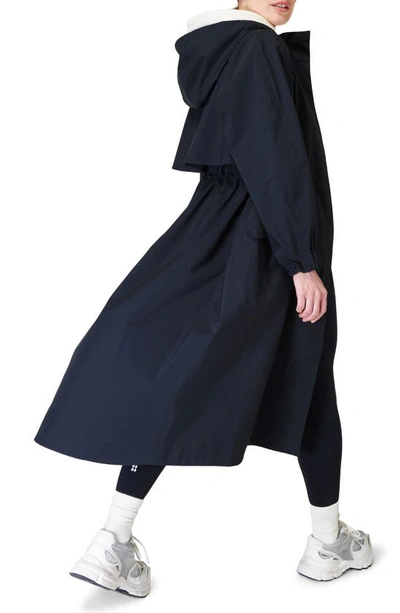 Shop Sweaty Betty Motion Longline Recycled Polyester Trench Coat In French Navy Blue
