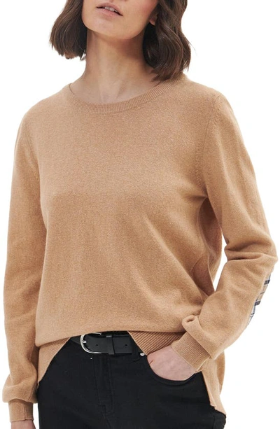 Shop Barbour Pendle Elbow Patch Wool & Cotton Crewneck Sweater In Caramel/ Fawn