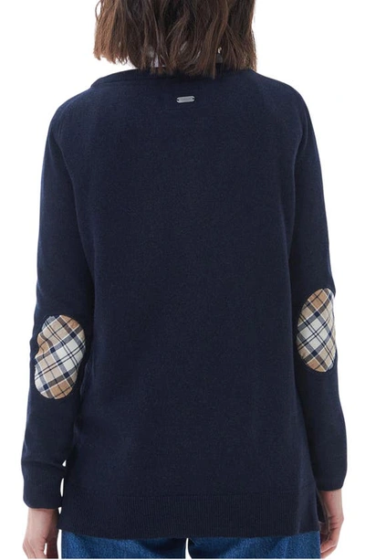 Shop Barbour Pendle Elbow Patch Wool & Cotton Crewneck Sweater In Navy/ Fawn