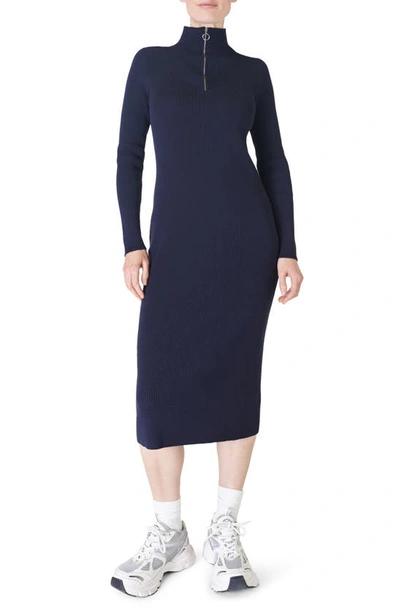 Shop Sweaty Betty Frame Half-zip Long Sleeve Rib Midi Dress In Navy Blue