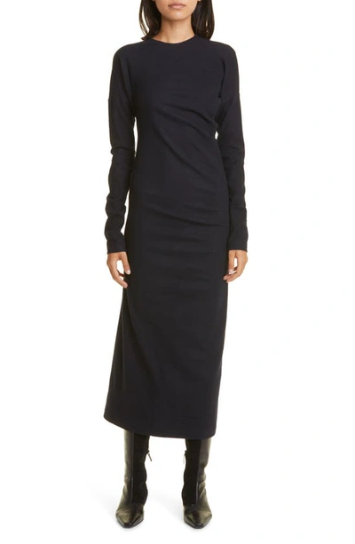 Shop Totême Twisted Long Sleeve Wool Blend Flannel Midi Dress In Navy