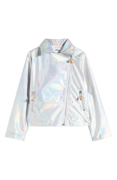 Shop Lola & The Boys Kids' Metallic Rainbow Moto Jacket In Silver