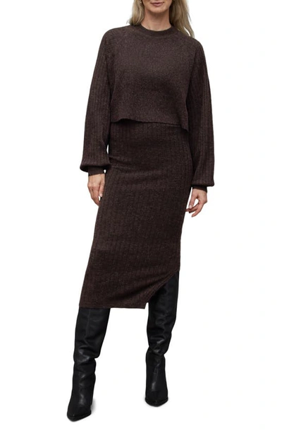 Shop Allsaints Margot Rib Dress With Crewneck Sweater In Warm Cacao Brown