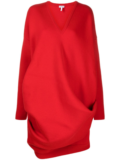 Shop Loewe Draped Knit Dress - Women's - Cotton/wool/elastane/polyamide In Red
