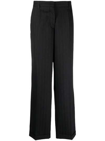 Shop Miu Miu Black Pinstripe Tailored Wool Trousers