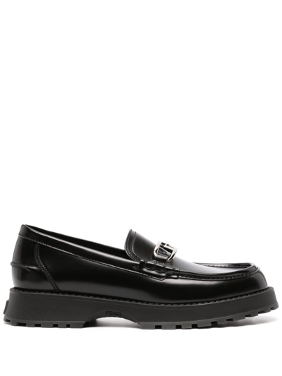 Shop Fendi Logo-plaque Leather Loafers In Black