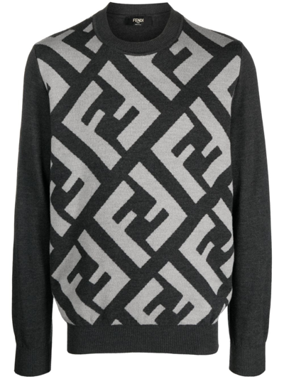 Shop Fendi Ff-jacquard Wool Jumper In Grey