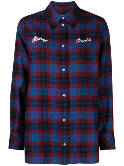 Shop Kenzo Checked Shirt With Print In Blue