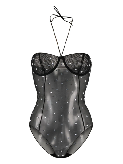 Shop Oseree Halterneck Bodysuit Embellished With Crystals In Black