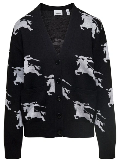 Shop Burberry 'brittany' Black Cardigan With Equestrian Knight In Cotton Blend Woman
