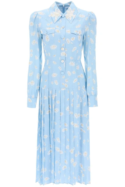 Shop Alessandra Rich Crepe De Chine Shirt Dress With Daisy Motif In Blue