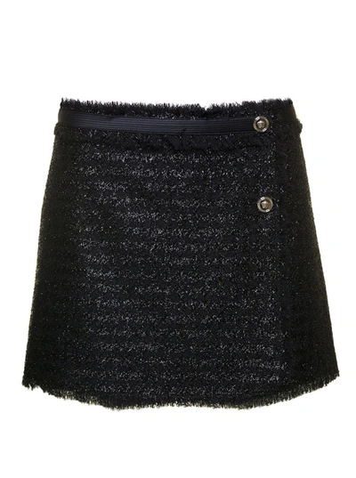 Shop Versace Black Mini Lurex Skirt With Silver-tone Hardware In Wool Blend Woman