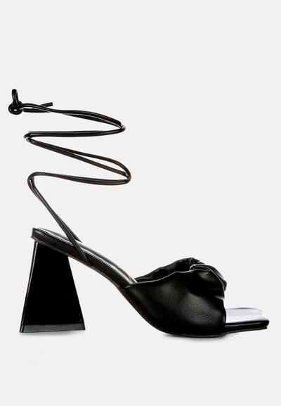 London Rag Primavera Ruched Strap Triangular Heel Lace Up Sandal In Black