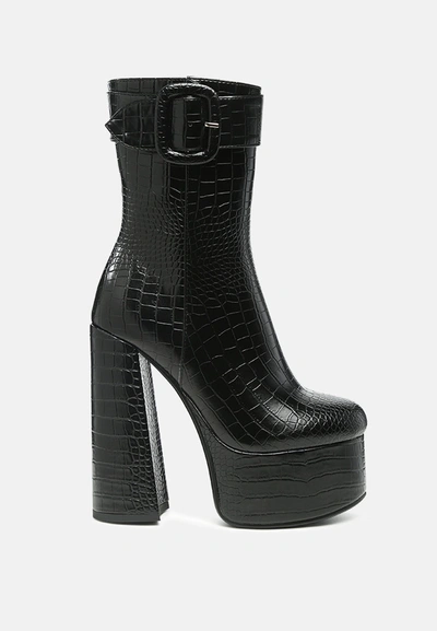 London Rag Bumpy Croc High Block Heeled Chunky Ankle Boots In Black