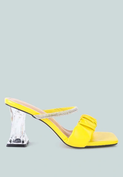 Shop London Rag Date Look Clear Heel Rhinestone Sandals In Yellow