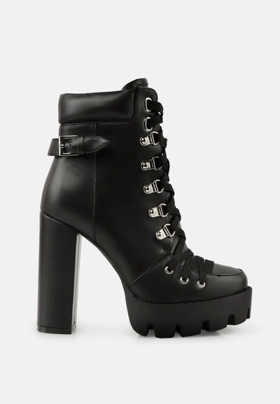 London Rag Willow Cushion Collared Lace-up High Ankle Combat Boots In Black