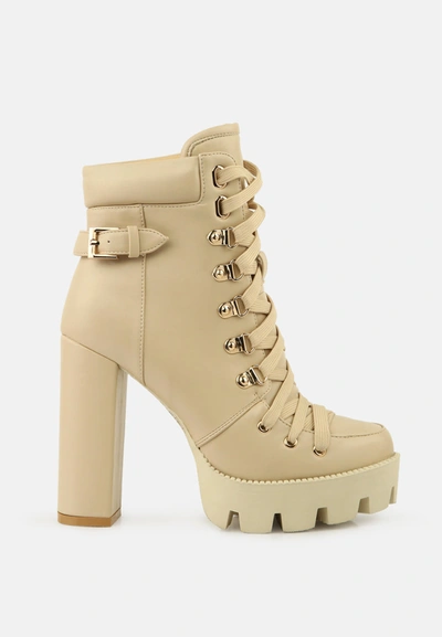 London Rag Willow Cushion Collared Lace-up High Ankle Combat Boots In Beige