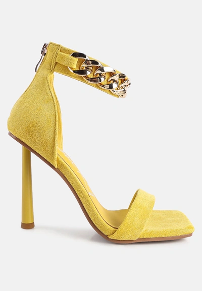 Shop London Rag Last Sip Heeled Faux Suede Chain Strap Sandals In Yellow
