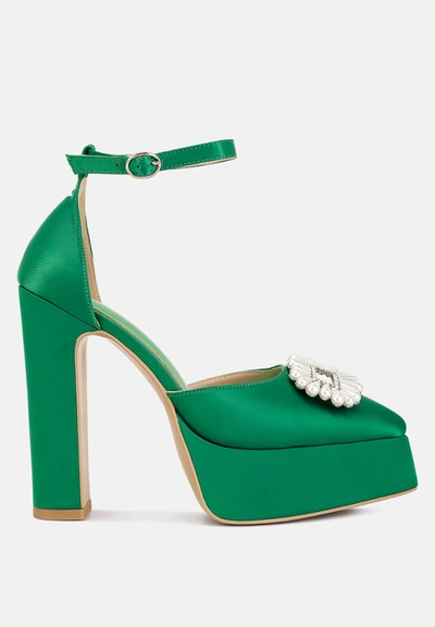 London Rag Maeissa Pearls Brooch Detail Platform Block Heel Sandals In Green
