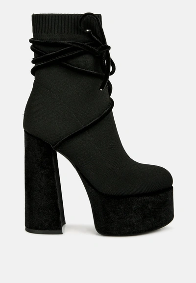 London Rag After Pay High Heeled Velvet Knitted Boot In Black