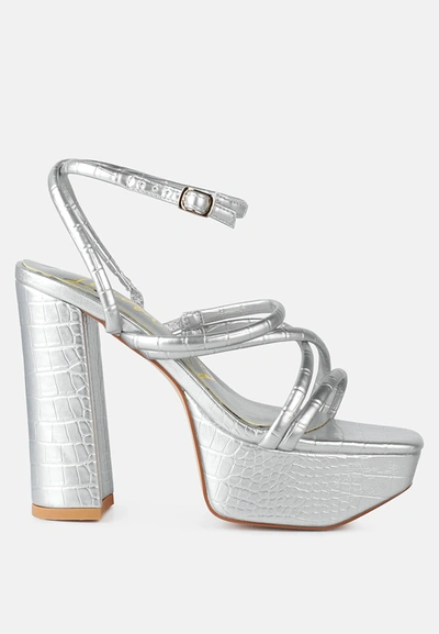 Shop London Rag Beam Tips Strappy Chunky Platform High Heel Sandals In Silver