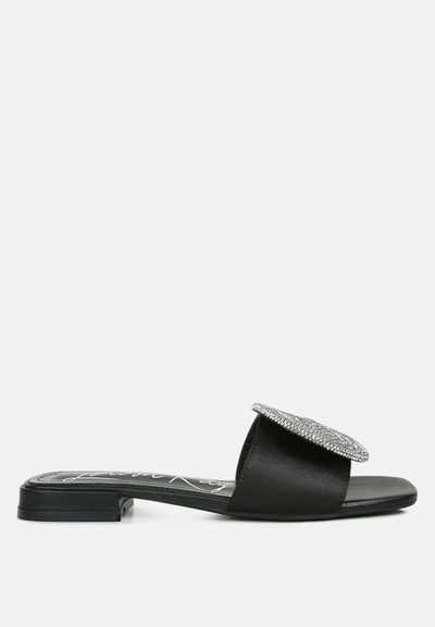 London Rag Ollilie Rhinestones Embellished Brooch Slip On Sandals In Black