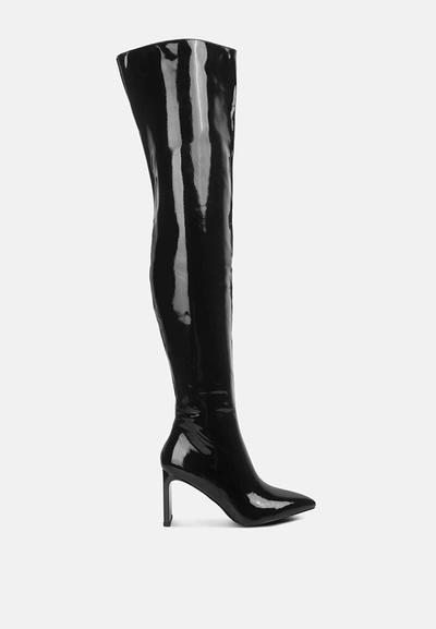 Shop London Rag Minkles Patent Pu Long Slim Block Heeled Boots In Black