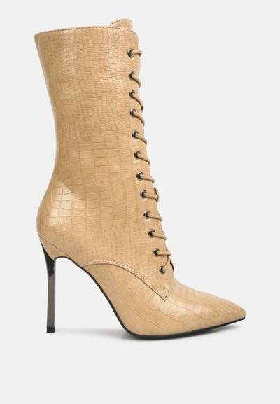 London Rag Knocturn Croc Textured Over The Ankle Boots In Beige