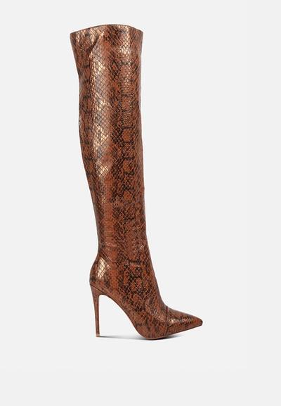 London Rag Catalina Snake Print Stiletto Knee Boots In Brown
