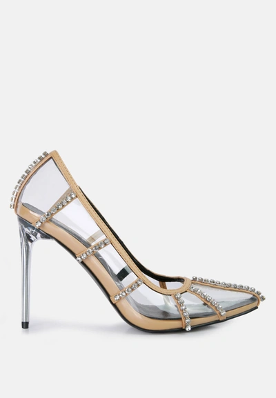 London Rag Diamante Clear High Heel Cage Faux Leathermps In Beige