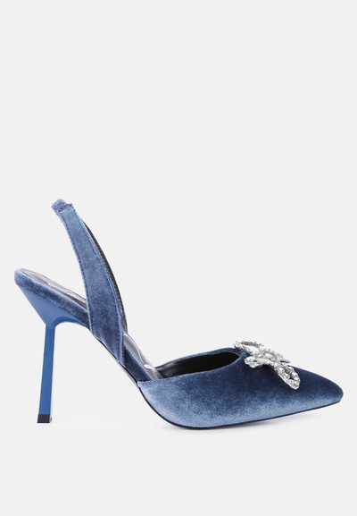 Shop London Rag Firebird Velvet Diamante Detail Heeled Slingback Mules In Blue