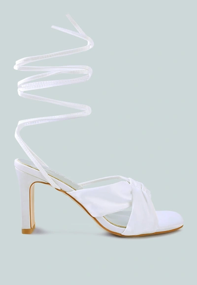 London Rag Chasm Ruched Satin Tie Up Block Heeled Sandals In White