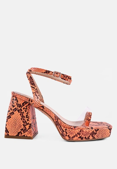 London Rag Such Flirt Snake Pattern Block Heeled Sandals In Orange