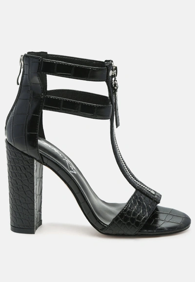 Shop London Rag Felicity Zip Up Croc Textured Sandals In Black